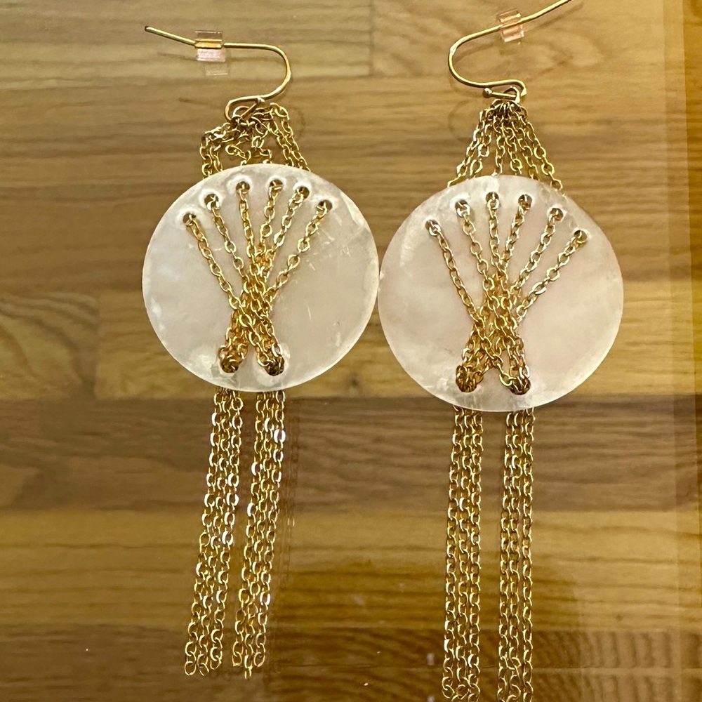 Mother of Pearl Earrings w/hanging Gold Tone chains. Hand crafted.